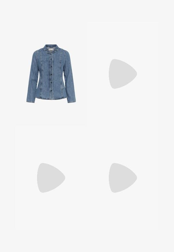 Veste longue en jean bleu à manches longues avec fermeture à boutons, deux poches latérales et un petit col, présentée sur un fond blanc.; Jean en denim bleu clair avec une taille haute, une silhouette droite et une légère décoloration sur le devant supérieur pour plus de texture.; Chaussure de style Mary Jane en cuir crème avec un bout en vernis noir. Présente un bout rond, une sangle de cheville avec une boucle carrée et un petit talon carré.; Petit sac à main noir brillant avec deux longues anses et des détails à cordon sur les côtés sur un fond clair uni.
