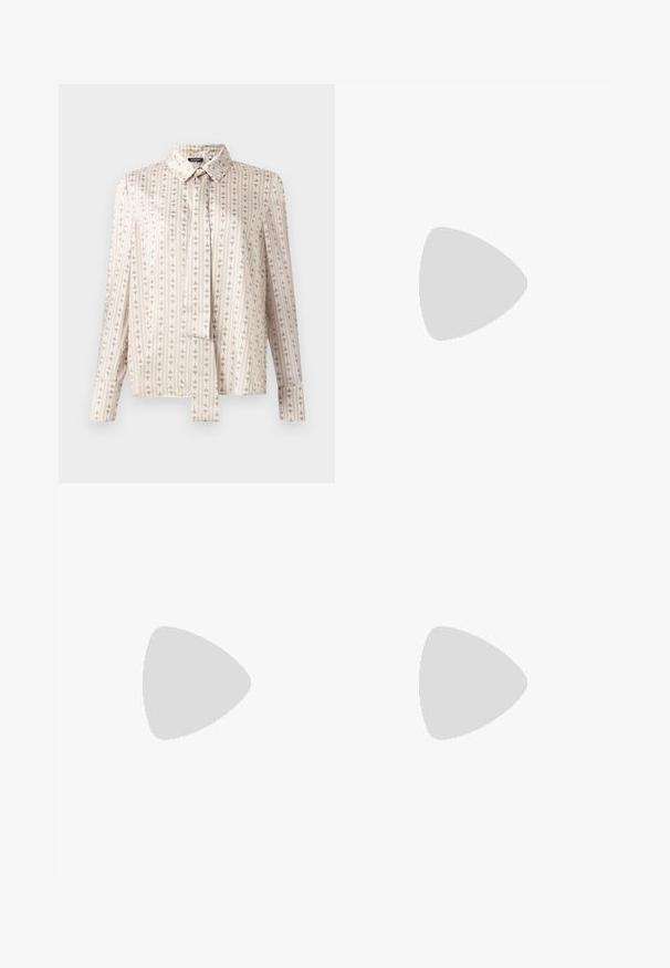 Chemise à manches longues en tissu crème avec des rayures verticales et un motif répété subtil en beige. Présente un col et un devant boutonné.; Jupe maxi beige avec une taille élastique, fabriquée dans un tissu doux avec un design fluide et plissé. Texture lisse, couleur unie.; Chaussure plate beige à bout pointu avec bride arrière, petit talon noir et finition en cuir lisse, vue de côté sur un fond uni.; Sac à main rectangulaire de couleur crème avec une seule sangle et une fermeture éclair sur le dessus, comportant une petite plaque de logo embossé à l'avant.
