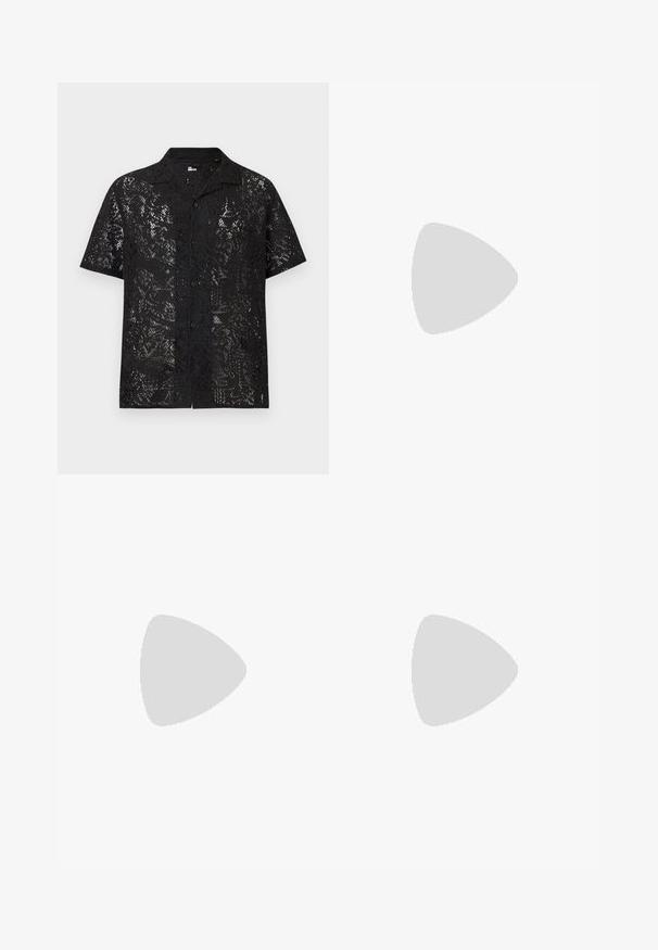 Black short-sleeve button-up shirt with a floral lace pattern and a spread collar, shown against a plain light background.; Denim shorts in dark blue with a loose fit, featuring a button fastening, and visible stitching along the hem and pockets.; Black leather ankle boot with a smooth finish, elastic side panel detailing, subtle stitching on the toe, and a block heel.; Black canvas tote bag with two handles, front pocket, and "LES DEUX" embroidered in blue on front pocket.