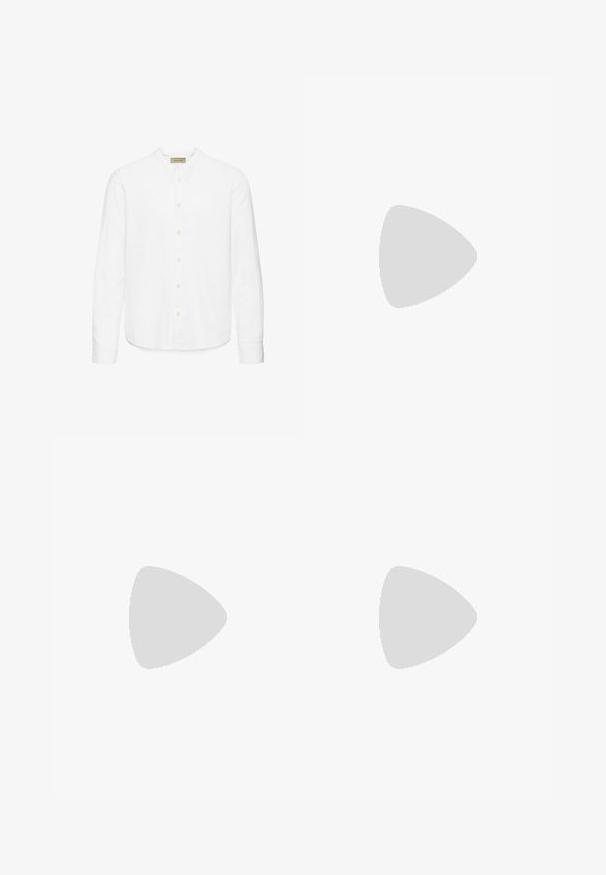 Chemise blanche pour hommes à manches longues avec col officier, fabriquée en tissu léger, dotée d'un ourlet droit et de manches retroussées.; Jeans en denim bleu foncé à jambes larges, avec une fermeture éclair à l'avant, cinq poches et des coutures contrastées. Les extrémités sont effilochées.; Chaussures en cuir bourgogne avec semelles en caoutchouc marron, bout rond, couture blanche et œillets dorés. L'intérieur présente une doublure jaune.; Lunettes de soleil Ray-Ban avec des verres verts, monture en plastique noir et accents dorés sur les bords. Forme carrée avec une finition mate.