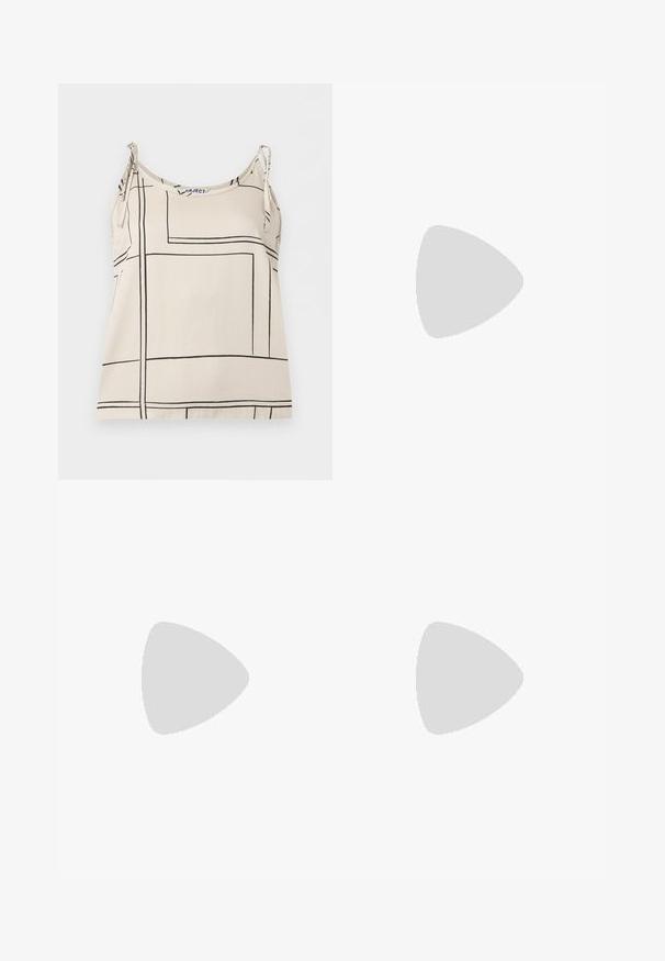 Haut sans manches de couleur crème avec fines bretelles aux épaules et motif de grille géométrique noire.; Jean en denim bleu clair à jambes droites avec bouton frontal, fermeture éclair, passants pour ceinture, ainsi que poches avant et arrière.; Chaussure slingback en cuir verni noir avec bout pointu, petit talon carré et bride ajustable ornée de détails découpés et d'accents logo.; Femme portant un chemisier à motif noir et blanc tenant un sac à main rouge brillant sur un fond uni.