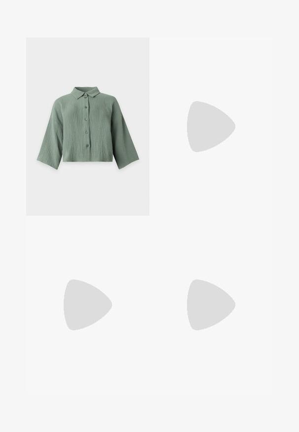 Vaaleanvihreä tekstuuri napillinen paita, leveillä kolmen neljänneksen hihoilla ja pienellä kauluksella, esitelty yksivärisellä taustalla.; Dr.Denim Petite LEXY - Skinny-Farkut - blue denim; Ruskeat leopardikuvioidut mulesandaalit, joissa on matala musta korko ja koristeelliset tupsut leveällä remmillä.; Mustat aurinkolasit, joissa on suorakulmainen kehys, tummat linssit, sileä muovimateriaali ja metallinen yksityiskohta temppelissä.