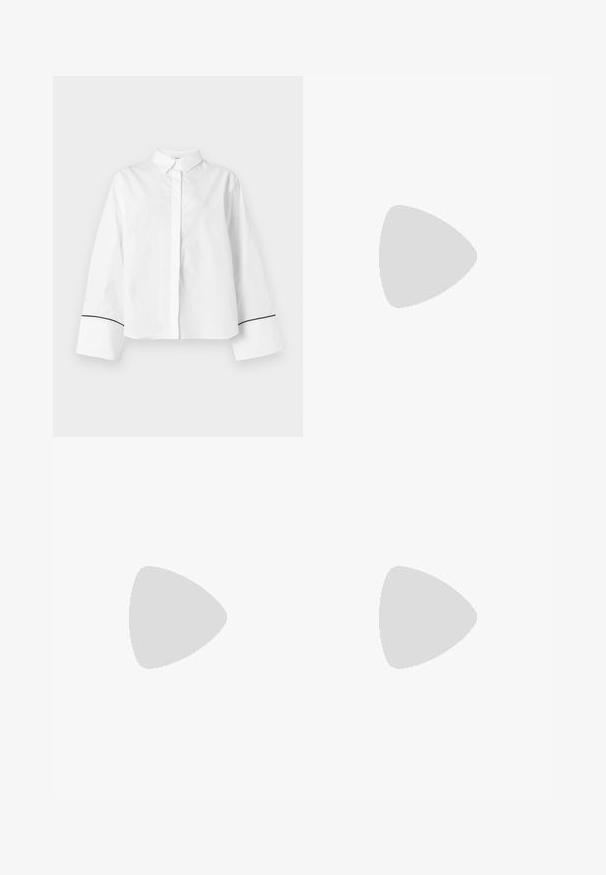 Chemise blanche à manches longues boutonnée, col pointu, larges poignets avec fine bordure noire près des extrémités, devant uni et coupe décontractée.; Pantalons taillés bordeaux avec taille haute, jambe droite et plis. Fabriqués en tissu lisse avec passants de ceinture et sans motifs visibles.; Ballerine en cuir verni noir avec un bout carré, sangle de cheville avec des détails en métal argenté et semelle plate. Texture lisse avec un design minimaliste.; Sac à main en daim bleu foncé avec des coutures blanches, une poignée découpée, une bandoulière à motif et de longues franges des deux côtés.
