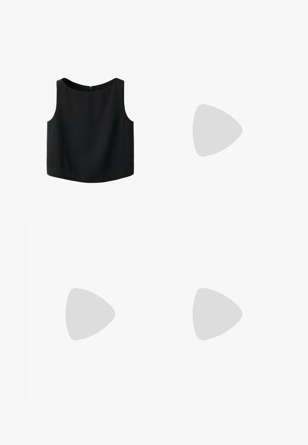 Haut noir sans manches avec un col rond et une texture de tissu lisse. Il possède une fermeture éclair discrète au dos et un ourlet droit.; Pantalon noir en tissu lisse, doté d'une coupe droite, de plis, et d'une fermeture simple. Style classique et polyvalent.; Jambes portant des leggings côtelés foncés associés à des ballerines noires avec de petits détails en nœud sur fond blanc.; Sac cabas en cuir noir avec de longues anses fines, une surface texturée et une ouverture large en haut.