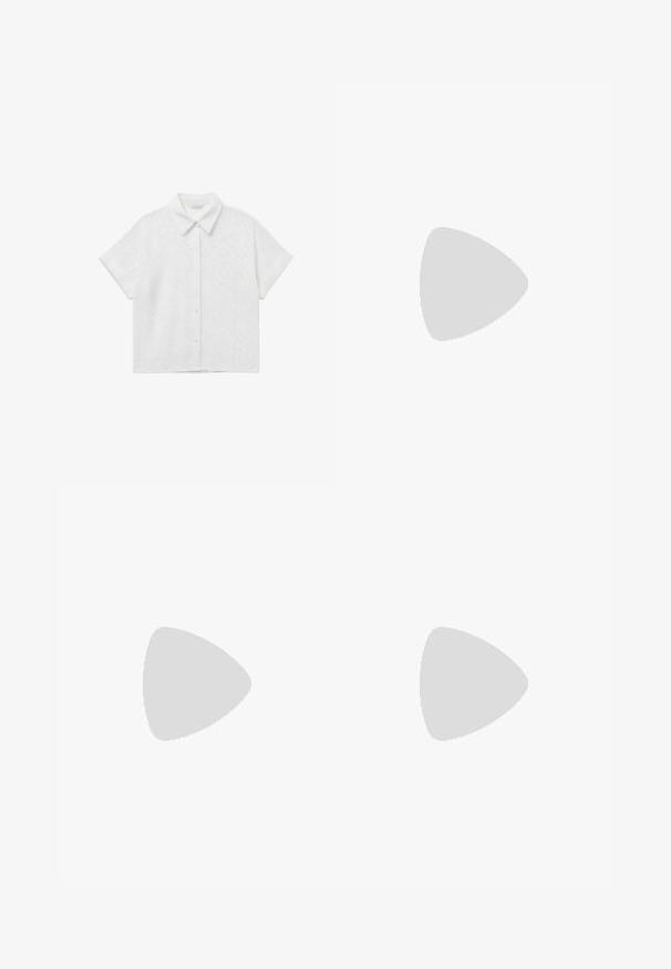 Chemise blanche à manches courtes avec col, motif floral embossé, boutonnage devant, coupe ample et manches retroussées, présentée sur un fond uni.; Shorts décontractés beige avec taille à cordon et poches plaquées à l'avant, fabriqués en tissu léger.; Sandale en cuir marron avec deux brides croisées et une semelle plate. Texture lisse avec un minimum de coutures et des bords arrondis.; Sac fourre-tout tissé beige avec deux poignées et "VANESSA BRUNO" imprimé en noir sur un panneau tissé solide au centre.
