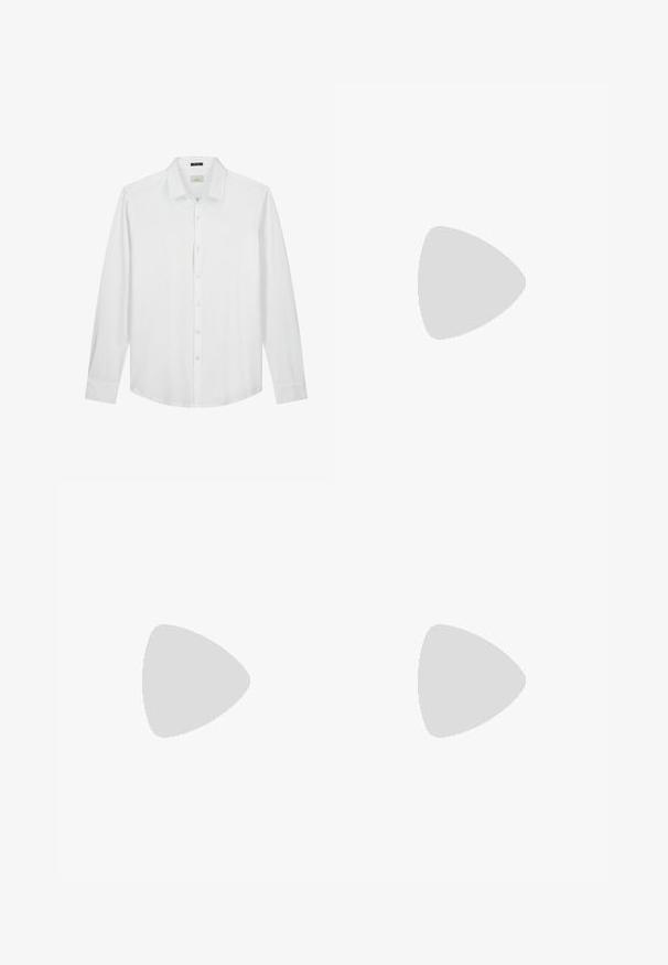 Hvid langærmet skjorte, knapned krave, blød tekstur, glat stof, diskret logo på brystet og klassisk pasform med buet kant.; Lyseblå jeans med lige ben, knap- og lynlåslukning, fem lommer og et falmet, let slidt udseende. Ingen synligt mærke.; Sorte læderloafers med et slankt design, der har syning ved tåen og en glat finish. Skoen har en lav hæl og minimal udsmykning.; Rektangulært sølv armbåndsur med sort urskive, hvide romertal, minutmarkører og sølv mesh rem, der viser klokken 10:10:37.