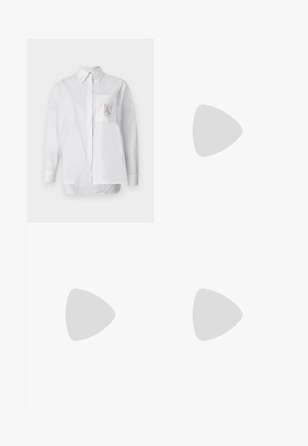 Chemise blanche à manches longues en coton, dotée d'une poche sur la poitrine gauche avec un monogramme brodé en marron clair. Ourlet droit.; Pantalon en denim bleu à jambe large avec plis, doté d'une taille haute, de poches avant et d'une finition texturée. Le tissu est épais et robuste.; Escarpins slingback noirs à talons hauts avec une pointe pointue, dotés d'une tige en textile drapé et d'un nœud décoratif sur le panneau avant.; Sac à main en cuir noir avec une seule bandoulière et un petit logo de marque doré sur un fond clair uni.