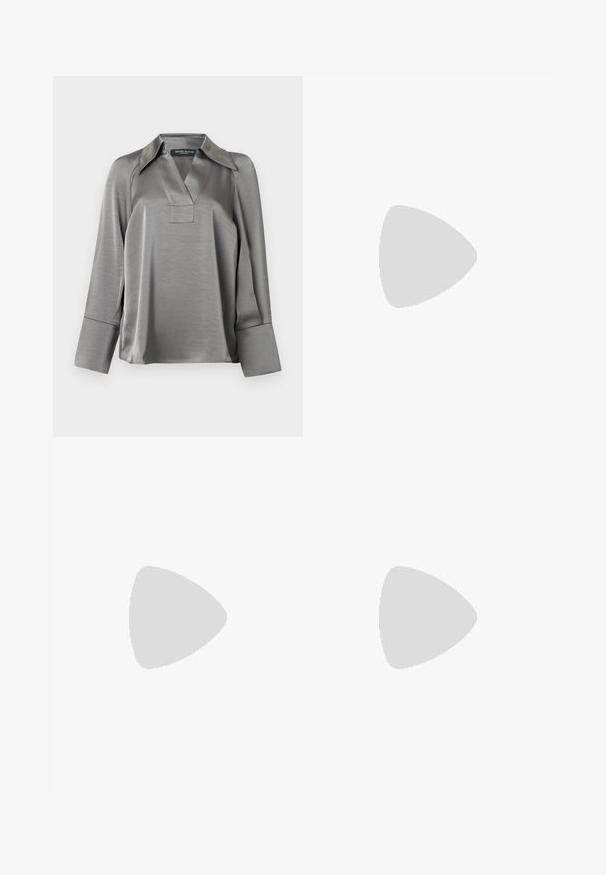 Blouse en satin argenté avec un col pointu, un décolleté en V et des manches longues avec de larges poignets. Texture lisse avec un léger éclat.; Culottes grises avec une taille élastique, dotées d'un motif discret du logo HUGO en all-over, jambes larges et texture lisse.; Mocassins en cuir noir avec un bout arrondi, des coutures décoratives et un petit accent doré sur le dessus. Semelle en caoutchouc plate, design épuré.; Sac à épaule en cuir verni noir avec une forme incurvée, présentant un logo triangle en argent et une fermeture éclair. Texture lisse et bandoulière fine.