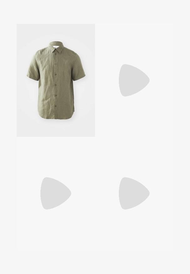 Chemise à manches courtes vert olive en tissu texturé, dotée d'une fermeture à boutons sur le devant et d'un col, avec des coutures visibles et un ourlet arrondi.; Shorts en lin beige clair avec une taille élastique, poches latérales et une coupe droite. Texture lisse avec des coutures minimales visibles.; Baskets en cuir blanc avec une finition lisse, présentant un accent rayé coloré au niveau du talon, des œillets dorés et une semelle blanche plate.; Lunettes de soleil noires rectangulaires avec des verres foncés. Monture en plastique à texture lisse et détail de marque subtil à l'intérieur de la branche.