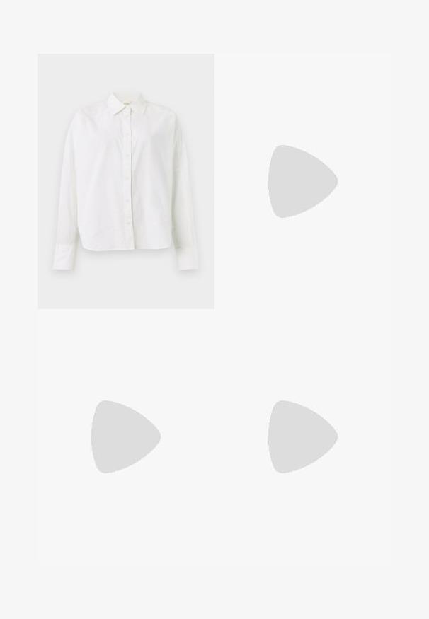 Chemise blanche à manches longues à boutons avec col pointu et poignets, présentée sur un fond blanc uni.; Jean en denim bleu clair à coupe large avec une taille à cordon et des poches avant sur fond blanc uni.; Sandale en cuir marron avec des fines lanières, un accent circulaire doré et une semelle plate. Design minimaliste avec un détail de boucle réglable.; Sac à bandoulière en cuir bordeaux foncé avec fermeture à rabat et une fine sangle réglable, présenté sur un fond clair uni.