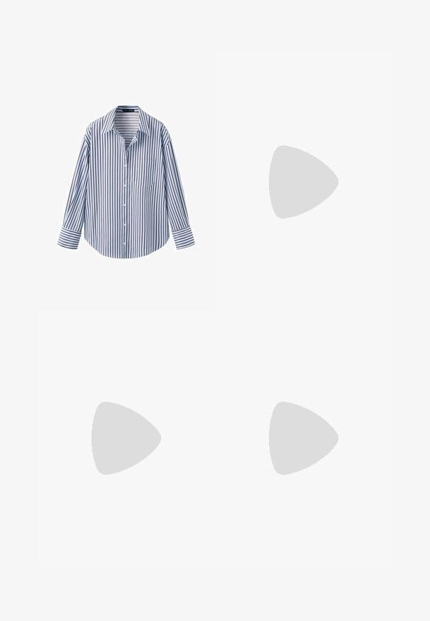 Chemise à manches longues avec boutons, à rayures verticales bleues et brunes, col pointu, poche poitrine avant et poignets à boutons.; Pantalon large à rayures fines bleu marine avec passants pour ceinture et poches latérales, confectionné avec un pli sur le devant et une fermeture éclair.; Jambes portant des leggings côtelés foncés associés à des ballerines noires avec de petits détails en nœud sur fond blanc.; Lunettes de soleil écaille de tortue marron avec des verres ovales, dotées d'une fine monture et d'un petit accent métallique sur le côté. Fini texturé et poli.