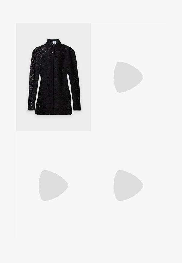 Black long-sleeve lace blouse with floral cutout pattern, buttoned front, and pointed collar, displayed on plain background.; Black denim jeans with a straight-leg fit. Features a button closure, five-pocket design, and minimal stitching details. Smooth texture.; Black leather pointed-toe flat shoe with low heel and smooth finish, shown from side on a light gray background.; Black leather handbag with a braided strap, folded design, gold hardware accents, and embossed brand logo at the bottom.