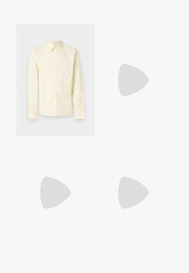 Chemise à manches longues en coton doux de couleur jaune clair. Elle présente un col pointu, une fermeture à boutons à l'avant et un détail brodé subtil sur la poitrine.; Pantalon formel noir à jambes droites, taille haute, au design épuré et minimaliste, présenté sur un fond clair uni.; Mocassin en cuir noir avec un détail tissé à l'avant, bout arrondi et petit talon. Texture lisse et design minimaliste.; Ceinturon en cuir noir texturé enroulé avec une boucle à double pointe en métal argenté et des détails de couture sur un fond blanc.