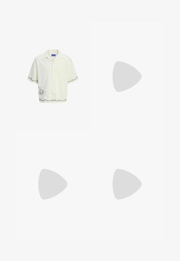 Chemise à manches courtes de couleur crème claire avec un col, arborant un motif de croquis gris sur le devant et des détails de bordure décoratifs.; Pantalon beige pour hommes, coupe ajustée, avec plis devant, passants pour ceinture, fermeture à bouton, et coupe droite, présenté sur fond blanc.; Mocassin en cuir noir flottant au-dessus d'un tapis beige avec un canapé beige en tissu en arrière-plan.; Ceinture en cuir brun avec une boucle en métal argenté. Présente une texture lisse et une forme rectangulaire classique. Agrémentée d'un seul trou.