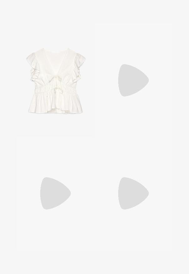 Top peplum blanco hecho de una tela ligera, con un profundo escote en V, mangas cortas con volantes, cordón ajustable y detalle de cintura fruncida.; Falda larga blanca de encaje con cintura alta y tela texturizada plisada, que llega hasta el suelo.; Sandalia amarilla tejida que presenta una punta cerrada, correas ajustables en el tobillo y suela de yute texturizada, con patrones troquelados a lo largo de los lados.; Bolso tote de paja trenzada con base ancha, asas trenzadas y color beige natural sobre fondo blanco liso.
