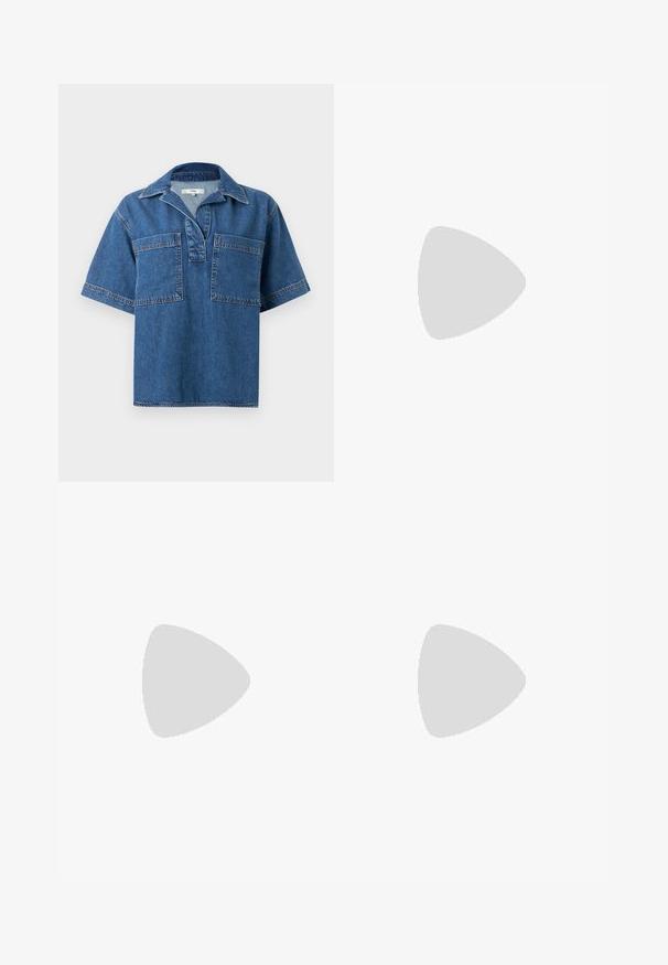 Chemise en denim à manches courtes de couleur bleu moyen, avec un col, deux poches avant et des coutures contrastées. Coupe décontractée et ourlet arrondi.; Jean large taille haute en denim bleu foncé, avec design classique à cinq poches, coutures apparentes et braguette zippée avec fermeture par bouton.; Botte de cowboy en cuir marron foncé avec un petit talon, posée sur un banc en bois à l'extérieur avec une herbe haute verte en arrière-plan.; Petit sac pochette en cuir bordeaux avec fermoir métallique argenté et bracelet sur fond blanc.