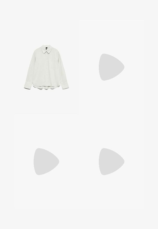 Chemise blanche à manches longues avec col, poche poitrine et larges poignets, présentée à plat sur un fond blanc.; Jean en denim bleu clair, large et à taille haute, avec découpes aux genoux et ourlets effilochés. Fermeture éclair et bouton à l'avant, design classique à cinq poches.; Jambes portant des leggings côtelés foncés associés à des ballerines noires avec de petits détails en nœud sur fond blanc.; Petit sac à main noir brillant avec deux longues anses et des détails à cordon sur les côtés sur un fond clair uni.