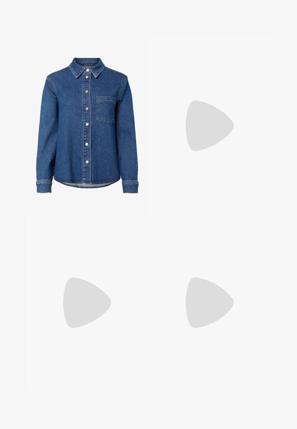 Chemise en denim bleu à manches longues avec boutons sur le devant, une seule poche poitrine à gauche et un col classique.; Jupe bleu marine de style trapèze avec une superposition de dentelle florale et un ourlet mi-long, présentant un motif complexe circulaire et géométrique.; Jambes portant des leggings côtelés foncés associés à des ballerines noires avec de petits détails en nœud sur fond blanc.; Petit sac à main noir brillant avec deux longues anses et des détails à cordon sur les côtés sur un fond clair uni.
