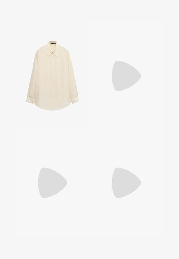 Chemise boutonnée à manches longues de couleur crème avec col pointu et patte de boutonnage cachée, posée à plat sur un fond blanc.; Pantalon blanc à jambes larges en tissu doux et léger. Il possède une taille élastique et des jambes coupées droit. Sans motifs ni accents visibles.; Botte de cowboy en cuir noir mi-mollet avec bout pointu, petit talon empilé et languette de tirage en haut sur un fond uni.; Grand sac à main en cuir marron avec une texture tissée et une seule bandoulière, présenté sur un fond clair uni.
