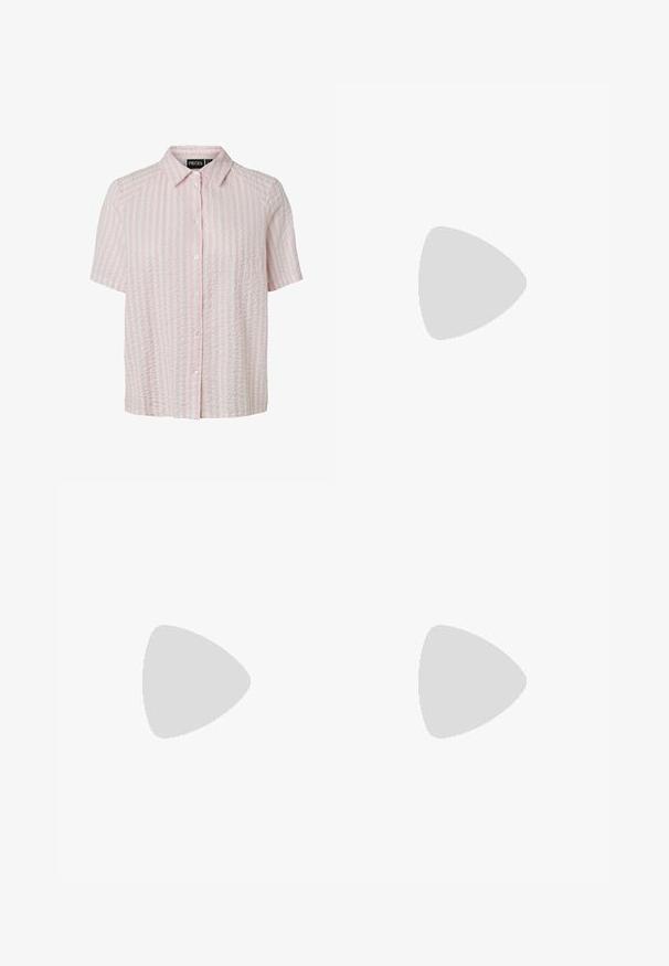 Chemise à manches courtes rayée verticalement rose et blanche, avec col, tissu léger texturé, et étiquette de marque à l'intérieur du col.; Pantalon large à rayures vertes avec une taille élastique et un cordon de serrage. Fabriqué en tissu léger, présentant des rayures blanches verticales.; Baskets en daim beige avec des accents roses, trois bandes roses, des lacets blancs et une semelle en gomme transparente. Marque "Spezial" sur le côté.; Sac à main rose rembourré avec un design arrondi, fabriqué à partir d'un matériau brillant. Dispose d'une poignée froncée et d'une fermeture éclair pour un accès sécurisé.