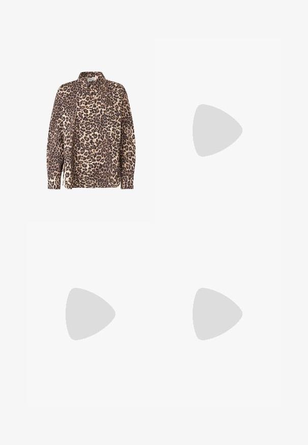 Chemise à boutons en imprimé léopard dans un tissu beige et marron. Elle a des manches longues, un col et une poche poitrine.; Jupe noire à mi-cuisse avec une fente frontale, fabriquée en tissu lisse. Comprend une fine ceinture noire avec une boucle en argent et des passants.; Escarpins slingback en cuir verni noir avec un embout pointu, un design à découpes arrondies et un talon carré. Présente un accent de boucle en ton doré.; Sac à main en cuir noir avec une forme courbée, surface texturée, coutures avant et un logo doré. Il est doté d'une seule sangle ajustable.