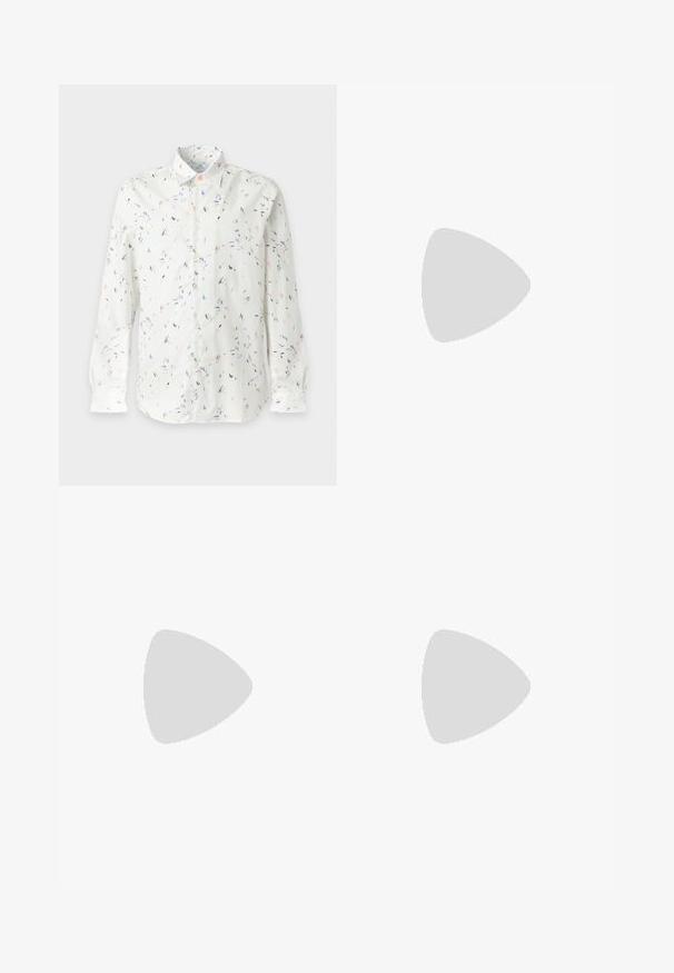 Chemise blanche à manches longues boutonnée avec de petits motifs abstraits multicolores dispersés de coups de pinceau et un col classique.; Won Hundred STEVE - Jean boyfriend - cut blue; Sneaker en cuir noir avec une finition lisse, semelle crème contrastante, bout arrondi, logo doré sur le côté et six œillets pour les lacets.; Sac banane en tissu marron foncé avec poche zippée en diagonale et petit logo blanc sur le devant, sur un fond clair uni.