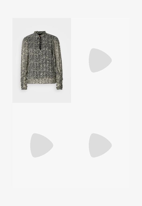 Blouse à manches longues en imprimé floral noir et crème, avec un col montant et des poignets froncés. Tissu léger et transparent avec une coupe décontractée.; Jean noir évasé en denim avec des rayures blanches sur les côtés, présentant un design classique à cinq poches et une fermeture à bouton.; Botte de cow-boy en cuir noir avec un bout pointu, un petit talon et des coutures décoratives sur la tige et la zone des orteils. Texture lisse sur l'ensemble.; Sac bandoulière rectangulaire en cuir noir avec sangle ajustable et charm doré sur la fermeture à rabat, présenté sur fond blanc.