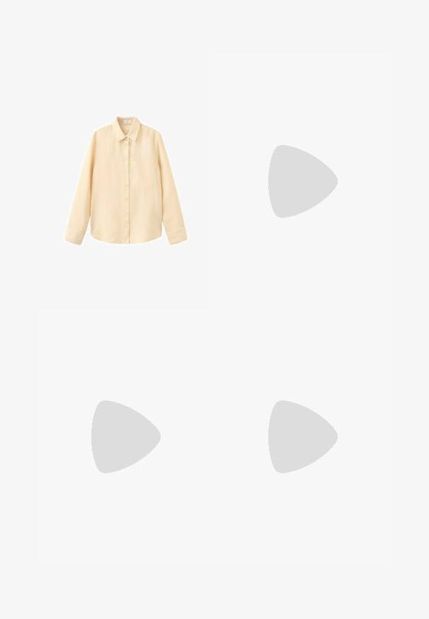 Chemise beige à manches longues avec boutons, col et poche poitrine, présentée sur un fond blanc.; Pantalon beige à jambes larges avec poches latérales, passants de ceinture et coutures visibles, présenté à plat sur fond blanc.; Sandale en cuir verni marron foncé avec bride en tongs, petit talon kitten et semelle incurvée, vue latérale sur fond blanc.; Sac à main en cuir marron avec un motif tissé, avec deux longues anses fines pour un port à l'épaule.