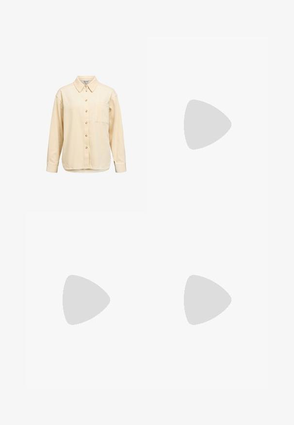 Chemise à manches longues, boutonnée, en velours côtelé beige clair avec col, poche poitrine unique et texture côtelée. Boutons en bois en détail.; Pantalon large en denim gris avec taille élastique et cordon de serrage à l'avant, présenté à plat sur fond blanc.; Baskets en cuir blanc avec des rayures noires, semelle extérieure en caoutchouc beige, bout rond, fermeture lacée et embout en suède gris doux.; Sac à bandoulière rectangulaire en cuir marron foncé avec une seule sangle fine et une boucle dorée sur un fond uni.