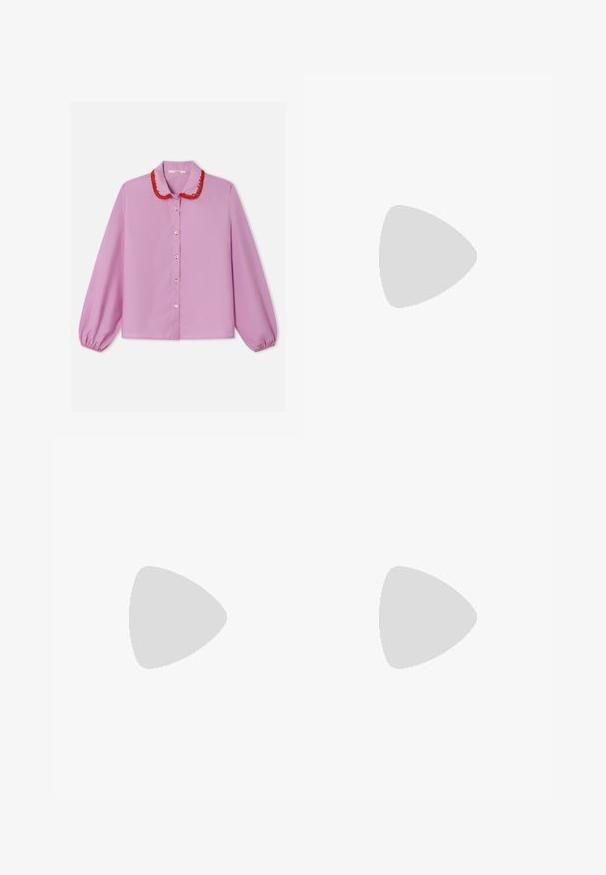 Blouse rose avec un col brodé rouge, manches longues avec poignets élastiques et fermeture boutonnée sur le devant. Tissu lisse, coupe décontractée.; Pantalons à carreaux rouges et blancs avec une coupe décontractée, dotés d'une taille élastique et de liens sur le côté pour des longueurs ajustables.; Chaussure plate en cuir noir avec un nez pointu, des détails froncés autour de l'ouverture et un accent en boucle argentée sur la bride ajustable.; Sac à main synthétique blanc avec deux poches avant, chacune ornée d'un nœud noué. Texture lisse, anses arrondies et fermeture zippée.