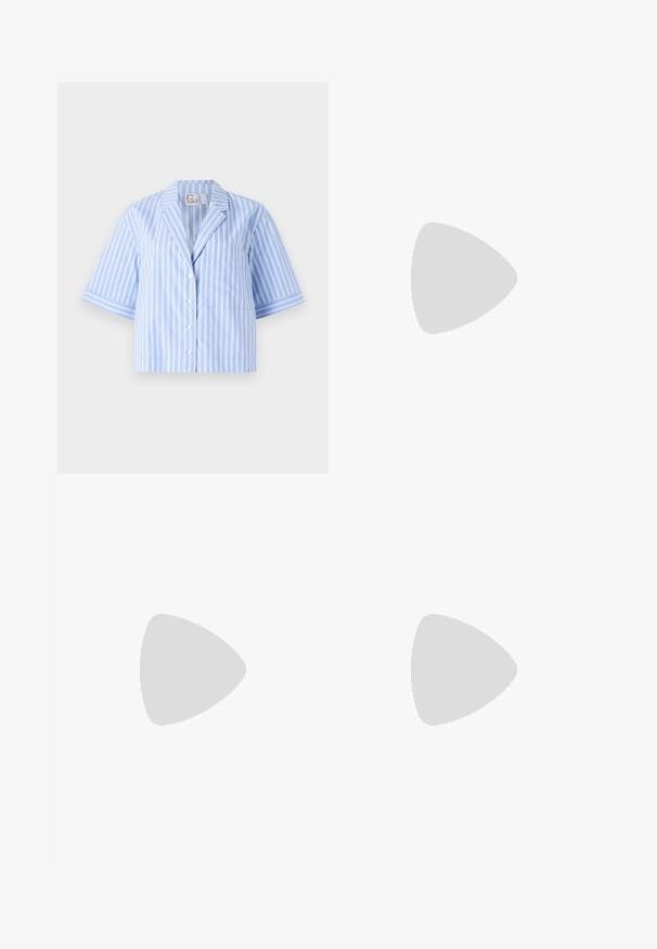 Camisa de manga corta a rayas azul y blanca con cuello, botones frontales, un bolsillo y rayas en contraste en las mangas.; Pantalones de talle alto en amarillo claro con cierre de botón y cremallera, corte recto de pierna ancha y diseño delantero plano.; Sandalia blanca de tacón con puntera afilada, correa ajustable en el tobillo y un tacón cuadrado grueso. Textura lisa con detalles de costura mínimos.; Bolso de mano de cuero blanco con un diseño recogido, cuenta con una cadena dorada y forma redondeada. Textura suave con pliegues suaves y sin patrones.