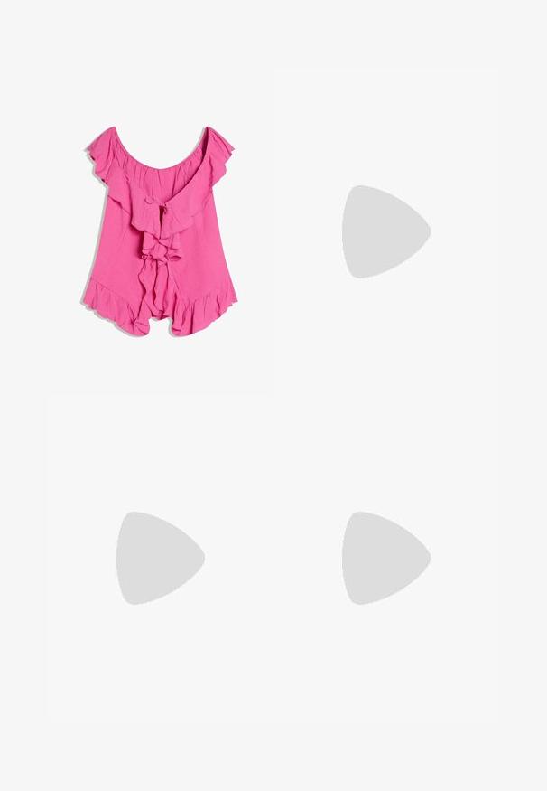 Pink off-shoulder blouse with ruffled edges and two front ties, featuring a loose, flowy fit and textured fabric.; White wide-leg pants with front pockets and a beige drawstring tie at the waist, displayed on a plain background.; Black pointed-toe high heel with thin ankle straps and a silver buckle closure on a plain light background.; White woven leather handbag with rounded handle and knotted strap ends, displayed against a plain background.