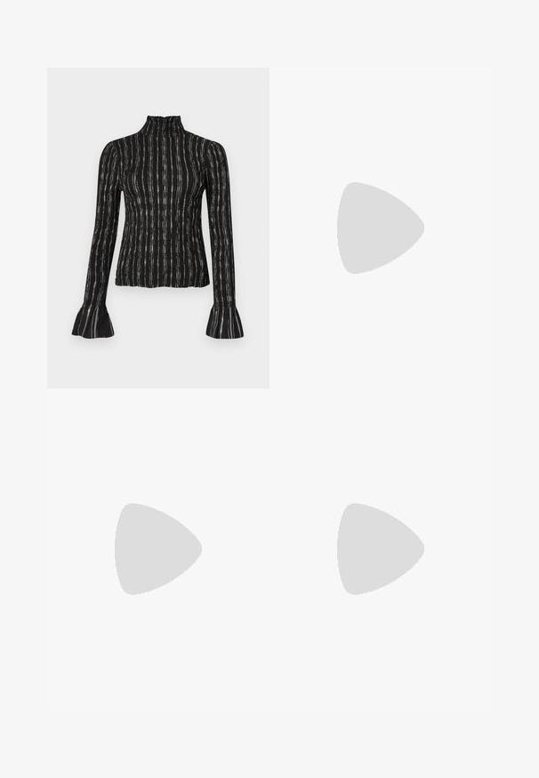 Haut noir à manches longues avec col haut, présentant des rayures verticales et des poignets évasés. Le matériau a une finition texturée avec un léger éclat.; Jean en denim bleu clair à coupe évasée avec une taille haute, présentant un lavage délavé, des coutures contrastantes et deux poches arrière. Bas évasé avec ourlets.; Chaussure à bride arrière en cuir noir avec bout pointu, dotée d'un accent brillant sur le bout et d'un talon de hauteur moyenne. Design latéral ouvert.; Sac à main en cuir noir avec des clous argentés, une poignée supérieure, une bandoulière amovible et une boucle décorative argentée sur fond uni.