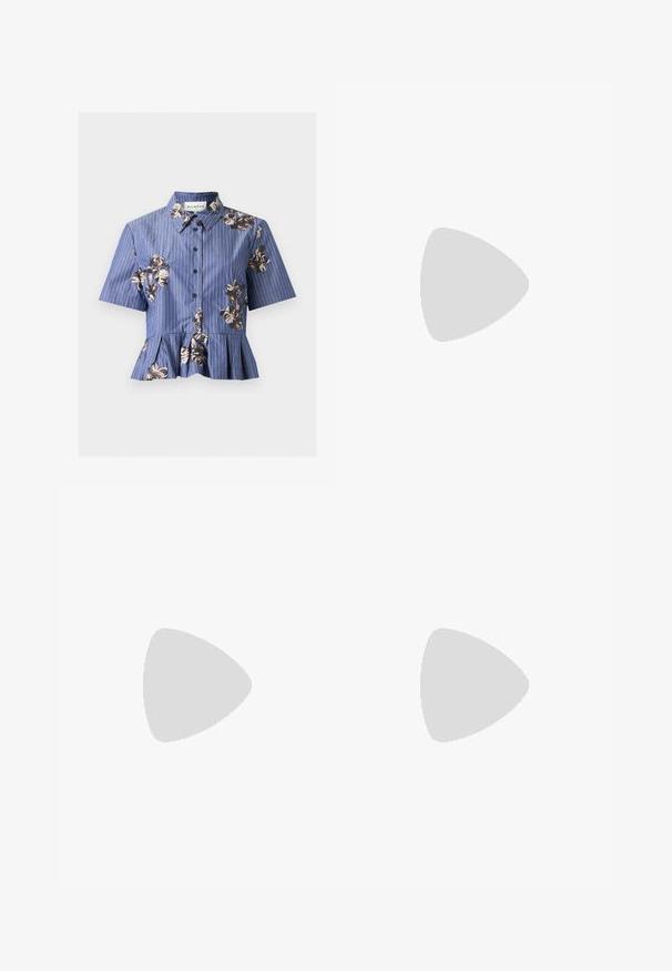 Blue short-sleeve button-up blouse with white pinstripes, floral sequin embroidery, a collar, and a pleated peplum hem.; Blue high-waisted wide-leg jeans with pleats below the waistband and subtle horizontal stitching at the thighs, displayed on a plain background.; Black leather ballet flat with a rounded toe, smooth texture, minimal stitching detail, and a flexible sole design.; Beige woven leather shoulder bag with a rounded shape and braided handle, featuring a small circular leather button closure.