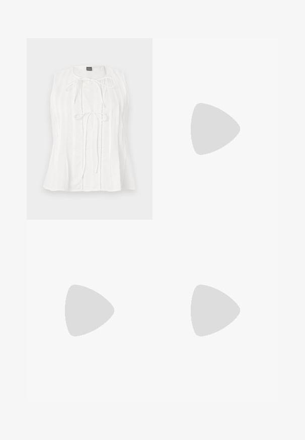 Blouse blanche sans manches avec des plis verticaux et deux liens à l'avant sous l'encolure ronde, étiquetée BOSS au col.; Shorts en lin bleu clair à taille haute, avec des plis, des poches latérales et une texture lisse, conçus pour un ajustement ample.; Chaussure plate beige à bout pointu avec bride arrière, petit talon noir et finition en cuir lisse, vue de côté sur un fond uni.; Sac à main tissé beige avec fine bandoulière et petit logo doré "BOSS" à l'avant, présenté sur fond blanc uni.