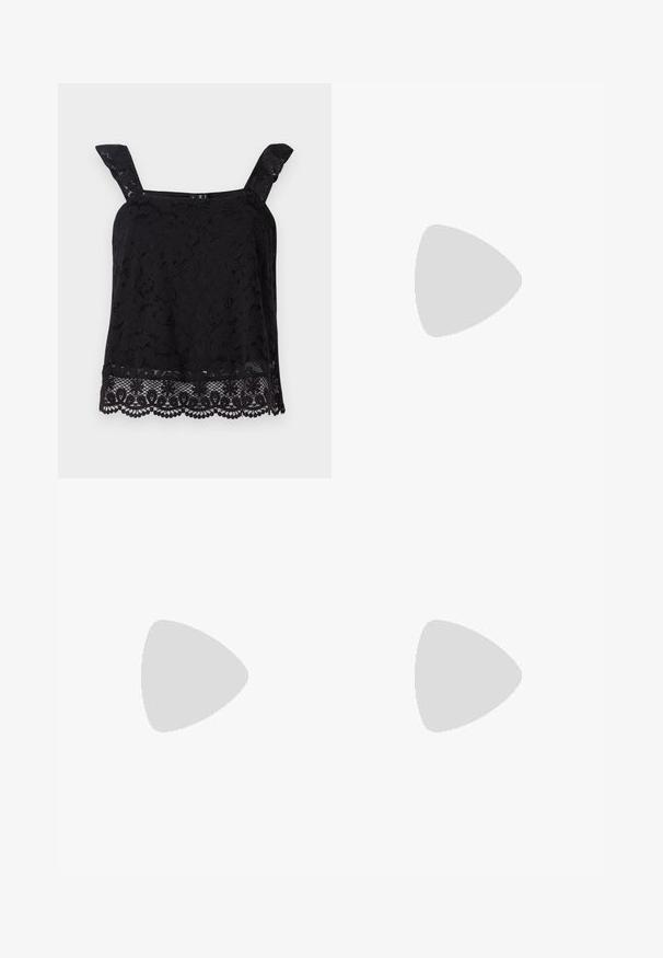 Top en dentelle noire avec larges bretelles, motif floral, ourlet festonné et tissu texturé. Présente des détails complexes au bord inférieur.; Pantalons larges gris clair en tissu doux, avec une taille à cordon et des plis marqués pour un ajustement structuré.; Chaussure plate noire en cuir avec un bout pointu, dotée de deux lanières horizontales et de boucles carrées en argent, avec un faible talon et une texture lisse.; Sac à main en cuir noir au design structuré, avec une poignée arrondie et une bandoulière amovible. Présente une texture lisse et un éclat subtil.