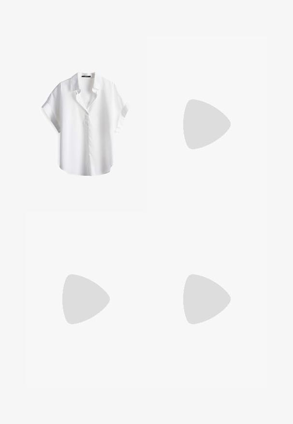 Witte short-sleeve shirt met een zachte katoenen textuur, een omgeslagen kraag en een relaxte pasvorm. Heeft een knoopsluiting aan de voorkant en een gebogen zoom.; Witte katoenen jeans met wijde pijpen, vooraan knoop- en ritssluiting, riemlussen en vijfzakkenstijl.; Witte Adidas Samba sneaker met zwarte strepen en gumzool, zwevend boven gestructureerde grijze betonnen treden.; Zwarte zonnebril met een oversized kattenoogvorm. Gladde plastic monturen met donkere lenzen en kleine steraccenten aan de zijkanten.
