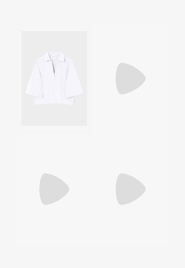 Chemise blanche ample avec larges manches trois-quarts et une encolure en V profonde, présentée sur un fond clair uni.; Jupe évasée à longueur genou en tissu vert olive doux avec une texture subtile et sans fermetures ni embellissements visibles.; Chaussure plate beige à bout pointu avec bride arrière, petit talon noir et finition en cuir lisse, vue de côté sur un fond uni.; Sac à main tissé beige avec fine bandoulière et petit logo doré "BOSS" à l'avant, présenté sur fond blanc uni.