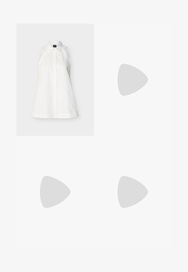 Chemise blanche sans manches avec col, boutons cachés sur le devant, coupe cintrée et étiquette de la marque à l'intérieur du col.; Pantalon slim noir formel avec fermeture éclair à l'avant et taille avec ceinture, conçu pour un look ajusté et soigné.; Escarpin en daim noir à bout pointu avec un talon stiletto fin de hauteur moyenne et un design à coupe basse sur un fond uni.; Sac à épaule en cuir tissé noir avec une seule bandoulière et petit logo doré "BOSS" au centre devant.