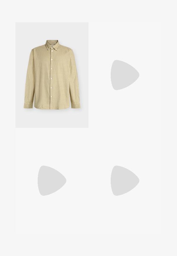 Chemise à manches longues à carreaux jaunes et gris, boutonnée avec un col boutonné, présentée à plat sur un fond blanc uni.; Pantalon droit marron foncé avec passants de ceinture, fermeture par bouton et pli sur le devant, présenté sur fond blanc.; Mocassins en cuir noir avec une finition texturée, dotés d'une bride décorative à l'avant et d'un bout arrondi. Semelle en caoutchouc pour plus de durabilité.; Sac bandoulière en cuir marron foncé texturé avec une sangle réglable et un petit accent décoratif bleu sur le côté.