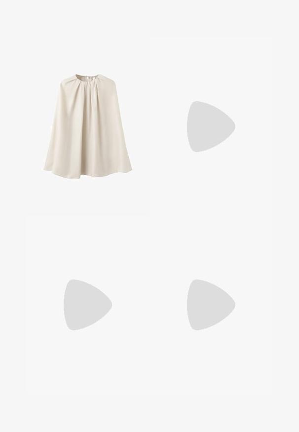 Cape beige en tissu lisse, dotée d'un col haut avec des détails froncés et d'un design fluide et drapé. Aucune fermeture ni motif visible.; Jupe droite, longueur genou, vert olive avec une couture centrale sur le devant, présentée sur fond blanc.; Escarpin bride arrière en cuir verni marron avec bout pointu, fine bride à boucle et petit talon haut.; Sac à main en cuir marron avec une large bandoulière réglable et une forme géométrique trapézoïdale sur fond blanc.