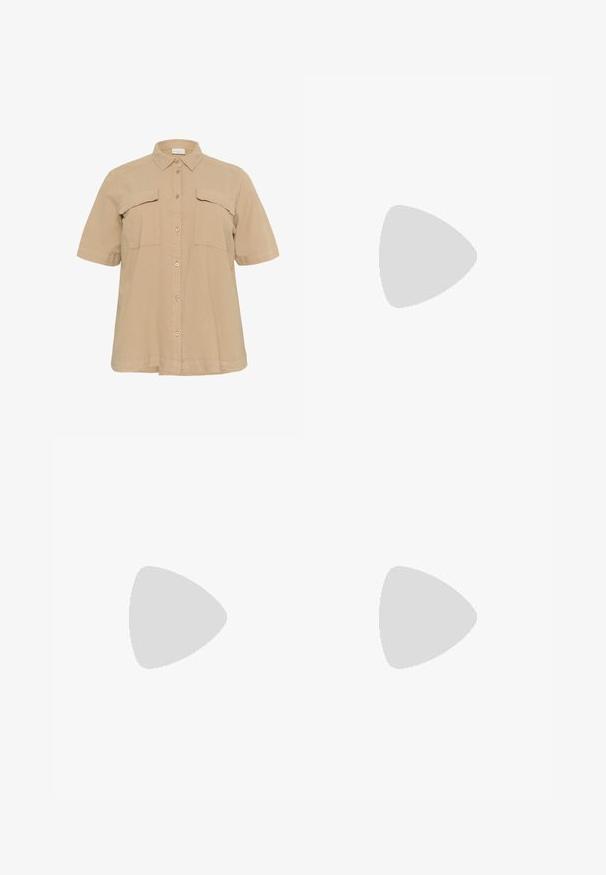 Chemise beige à manches courtes avec col, deux poches poitrine, fermeture à boutons et ourlet droit. Fabriquée en tissu doux et léger.; Pantalon court vert olive avec taille élastique, cordon de serrage ajustable, poches latérales et ourlets ajustés aux chevilles.; ALOHAS HARPER - Sandales - black; Lunettes de soleil en métal noir avec des verres ronds, teintés foncés, branches fines et plaquettes de nez réglables, arborant un design minimaliste sans logo visible.