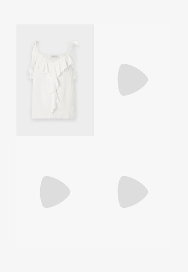 Blouse blanche sans manches avec bretelles à nouer et détail de volants en cascade à l'avant, tissu texturé, étiquette Anna Field à l'intérieur de l'encolure.; Jean taille haute couleur blanc cassé avec bouton à l'avant, fermeture éclair, poches avant et arrière, et coupe légèrement évasée au niveau des jambes.; Sandales jaunes à brides avec un petit talon, comportant une fine bride de cheville et plusieurs brides croisées formant un design à bout ouvert.; Sac bandoulière jaune en cuir synthétique avec un design incurvé matelassé et une fermeture éclair, présentant une texture lisse et une sangle d'épaule ton sur ton.