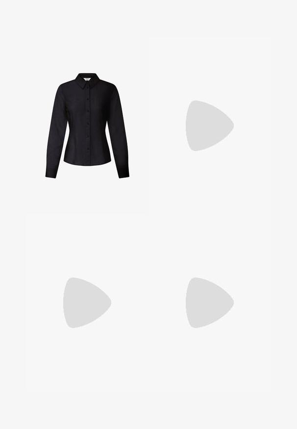Chemise noire ajustée à manches longues avec devant boutonné et col pointu, taille cintrée et poignets aux manches.; Jean en denim foncé à jambe large et taille haute, avec des coutures jaunes contrastantes et un design épuré et structuré.; Baskets blanches Nike Air Force 1 avec tige en cuir, bout rond, fermeture à lacets, col rembourré et semelle en caoutchouc texturé.; Sac à main en cuir noir avec une texture lisse. Dispose d'une bandoulière adjustable et d'un design élégant et minimaliste avec une fermeture éclair.