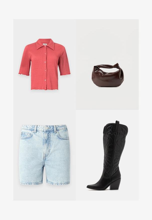 Blouse à manches courtes en jersey de couleur corail rose avec un col pointu, fermeture par boutons et bords festonnés aux manches et à l'ourlet. Texture légère.; Shorts en denim bleu clair avec une coupe classique, dotés d'un design à cinq poches, de coutures cousues et d'une fermeture à bouton.; Bottes hautes en cuir noir jusqu'aux genoux avec bout pointu et talon empilé. Caractéristiques de coutures décoratives et éléments de design courbés.; Sac bandoulière en cuir marron foncé avec une forme souple et décontractée et une anse nouée torsadée sur un fond blanc uni.