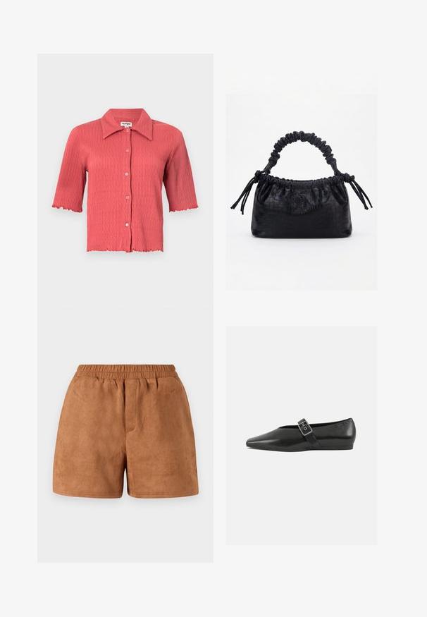 Blouse à manches courtes en jersey de couleur corail rose avec un col pointu, fermeture par boutons et bords festonnés aux manches et à l'ourlet. Texture légère.; Shorts en daim brun avec une taille élastique, présentant une coupe décontractée et une texture lisse. Design simple, adapté à une tenue décontractée.; Chaussure plate en cuir noir avec un orteil pointu, présentant une sangle à boucle métallique sur le cou-de-pied et une semelle basse et flexible.; Sac à main noir avec texture crocodile, bord supérieur froncé, poignée plissée et pompons à cordon de chaque côté sur fond blanc.