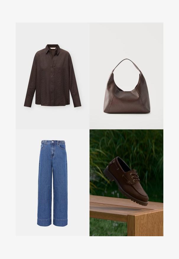 Chemise marron foncé à manches longues boutonnée, avec une texture subtile à rayures verticales et un col classique, présentée sur un fond clair uni.; Jean en denim bleu à jambes larges avec ceinture tressée, bouton frontal et poches, présenté sur un fond uni.; Chaussure bateau en cuir marron à semelle robuste suspendue au-dessus d'un banc en bois, sur fond de feuillage vert extérieur.; Sac à épaule en cuir tressé marron avec une seule large bandoulière et un corps souple en forme de croissant.