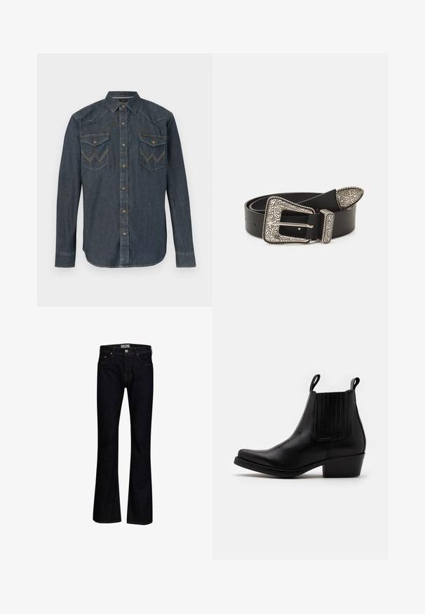 Langærmet mørk denimskjorte med trykknapper, spids krave og to forlommer med klap, begge med broderede "W"-motiver.; Mørkeblå bukseskær med flared fit lavet af denim med en glat tekstur. Har fem lommer, messingbeslag og kontrastsygning.; Kentucky's Western Cowboy- / bikerstøvlette - black; Sort læderbælte med en udsmykket sølvspænde med indviklede graveringer og en dekorativ spids, der fremhæver tekstur og håndværk.