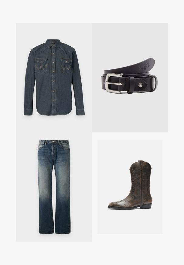 Dunkelblaue Jeansbluse mit langen Ärmeln, Druckknöpfen, spitzem Kragen und zwei vorderen Klappentaschen mit gesticktem "W"-Design.; Dunkelblaue weit geschnittene Jeans aus Denim. Mit verblassten Details, traditionellem Fünf-Taschen-Design und einem Metallknopfverschluss an der Taille.; Braune Leder-Cowboystiefel mit hohem Schaft, spitzem Zehenbereich, aufwendigen Stickmustern und kleinem Absatz. Strukturierte Oberflächenbeschaffenheit.; Schwarzer Ledergürtel mit silberner Metallschnalle, einem Druckknopf zur Verstellung und geprägtem Muster auf dem Leder. Gleichmäßige, glatte Textur.