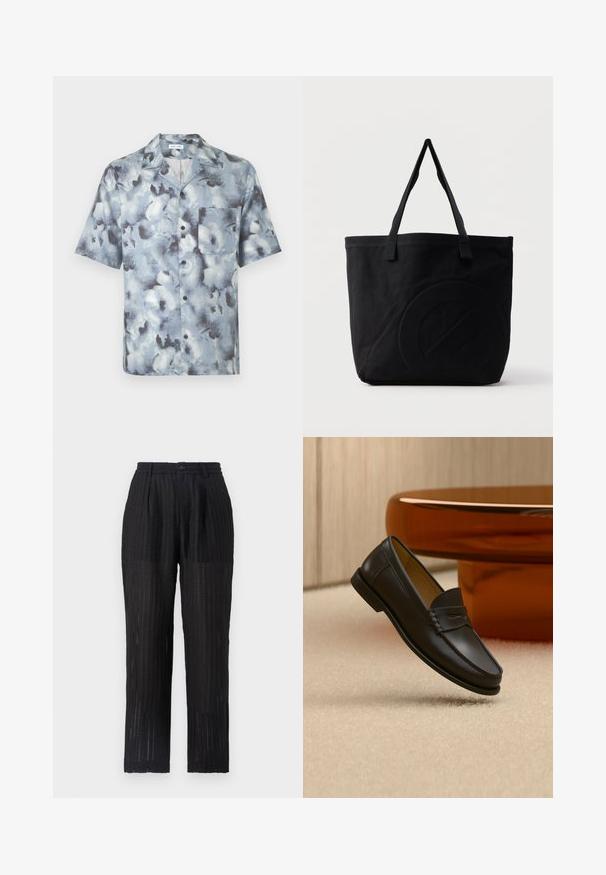 Camisa de manga corta con botones, cuello abierto y bolsillo en el pecho con un patrón abstracto de nubes en azul grisáceo.; Pantalones negros de pliegues con una tela texturada y con patrón. Presentan una cintura elástica y cierre de botón, diseño de pierna recta.; Zapato mocasín de cuero negro suspendido sobre una alfombra beige con muebles modernos de color ámbar en el fondo.; Bolsa tote de lona negra con dos correas para el hombro y un diseño circular en relieve sutil en el frente.